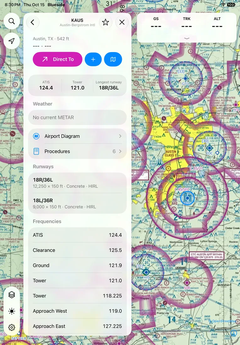 The Austin-Bergstrom airport page with Direct To, runways, and frequencies over the sectional