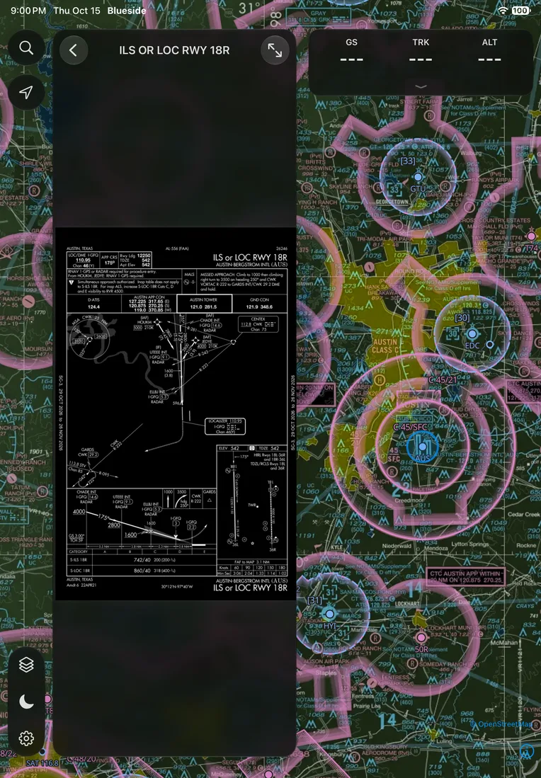 The ILS approach plate for runway 18R placed on the moving map at night