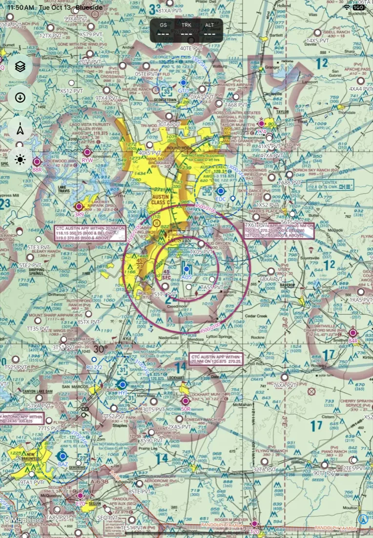VFR sectional around Austin with airports drawn over the chart in Blueside on iPad