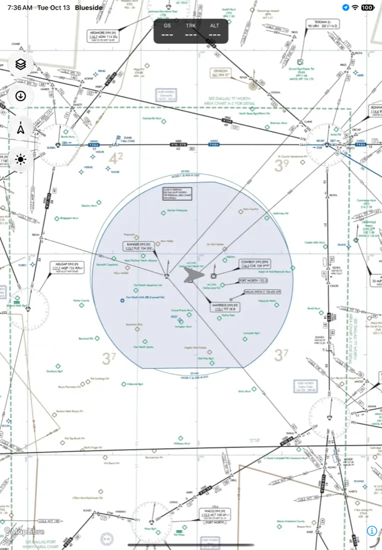 The FAA IFR low enroute chart over Dallas-Fort Worth in Blueside on iPad