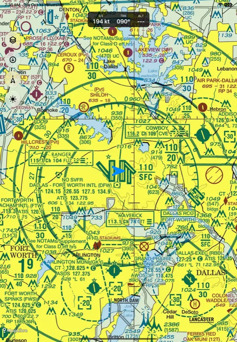 Blueside on iPad showing the FAA VFR sectional chart over Dallas-Fort Worth with the aircraft symbol and groundspeed, track, and altitude
