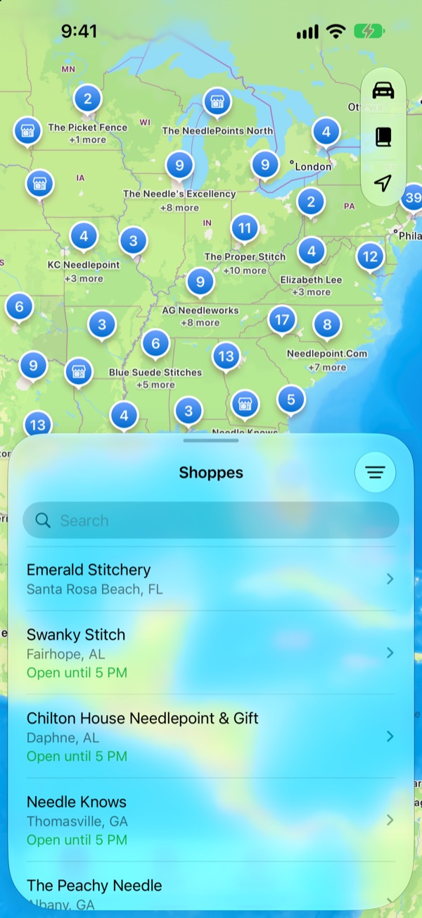 The Shoppes map of needlepoint shops