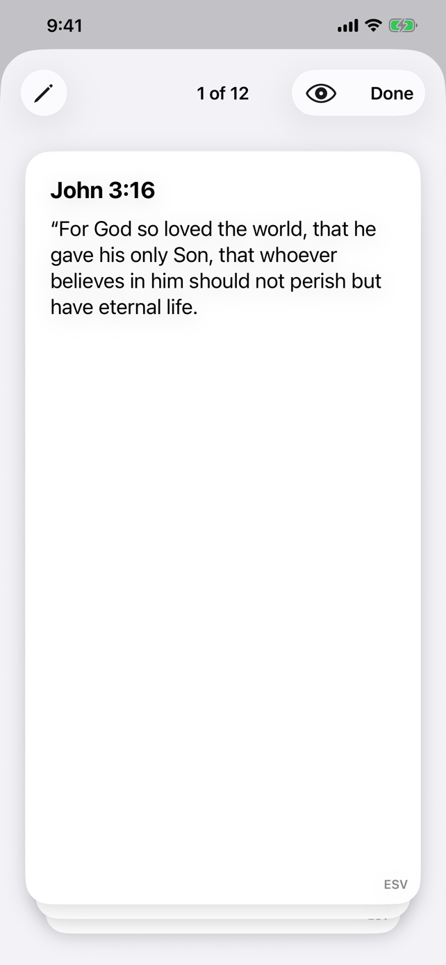 QuickWord card deck showing John 3:16 in the ESV, card 1 of 12, with more cards stacked behind it