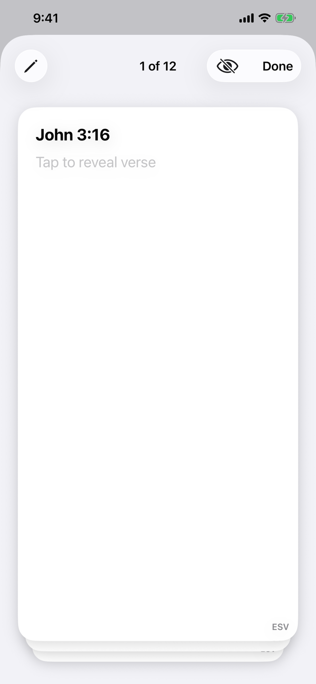 Reference First flashcard showing John 3:16 with the verse hidden behind Tap to reveal verse