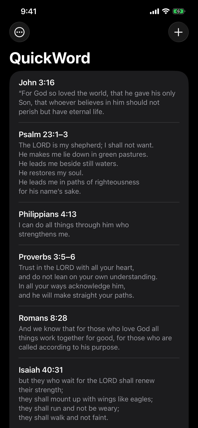 QuickWord verse list in dark mode