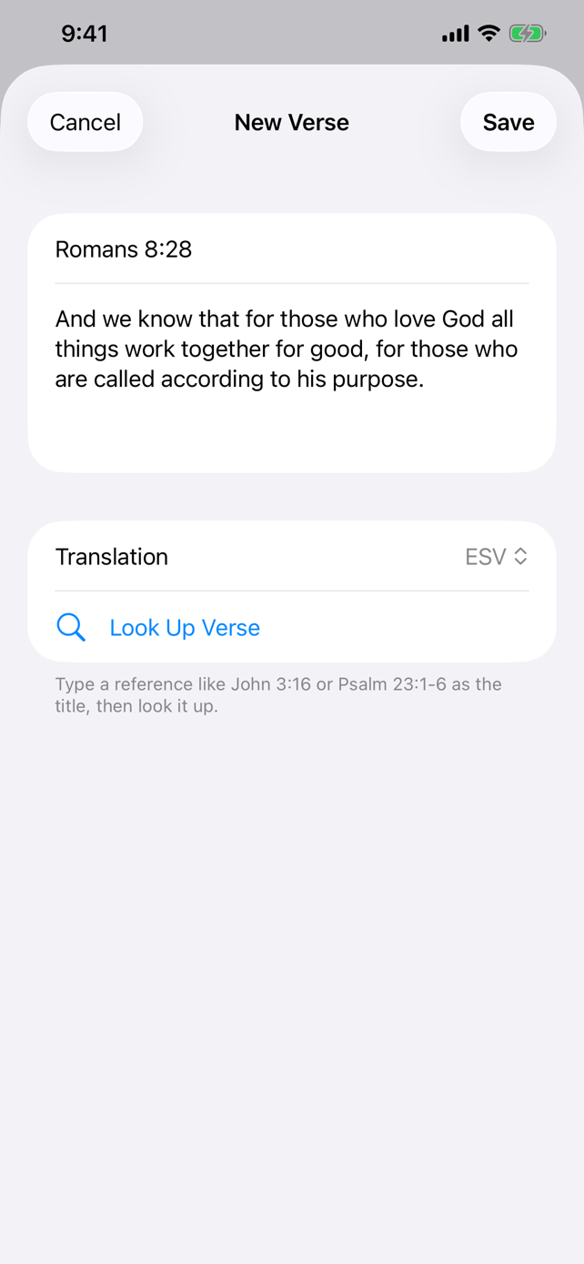 New Verse screen with Romans 8:28 looked up in the ESV